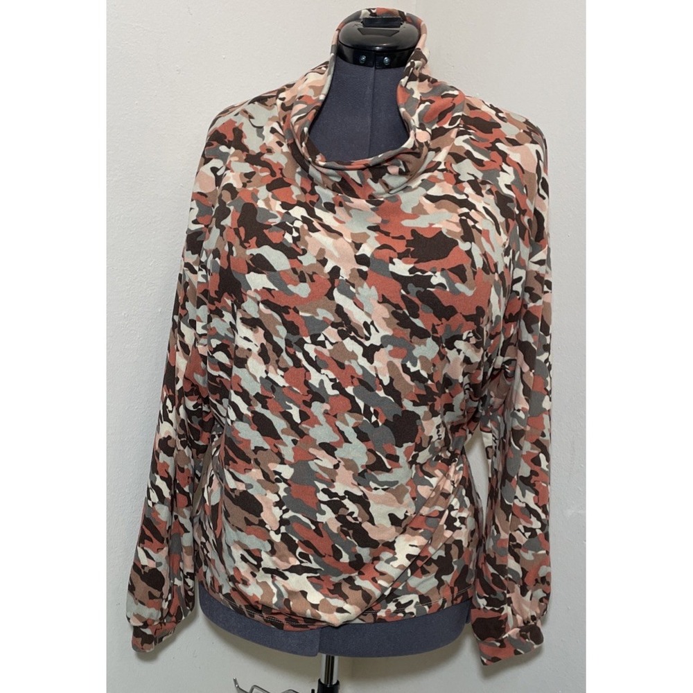 Zac & Rachel Top 2X Camo Cowl Neck Blouse Earthy Boho Knot Front Casual Fall